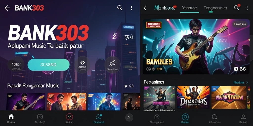 Screenshot menunjukkan tampilan antarmuka pengguna BANK303 dengan akses mudah ke berbagai lagu.