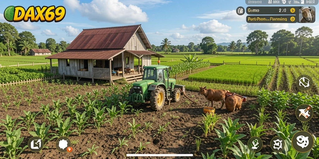 Screenshot gameplay DAX69 menampilkan petani yang sedang merawat tanaman.