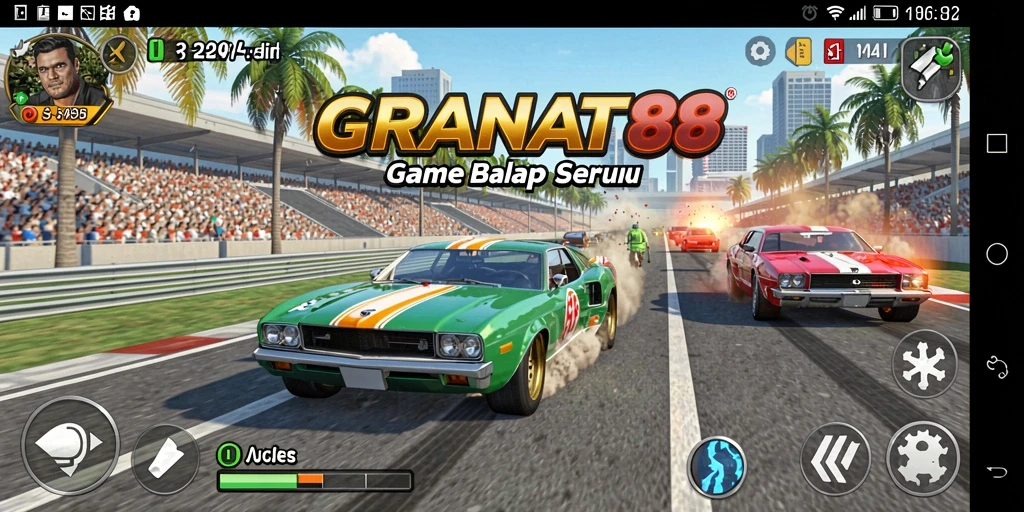 Screenshot gameplay utama GRANAT88 menampilkan balapan mendebarkan di jalanan kota.
