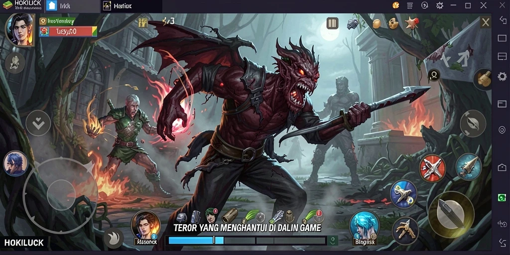 Screenshot gameplay HOKILUCK menunjukkan suasana horor yang mencekam.