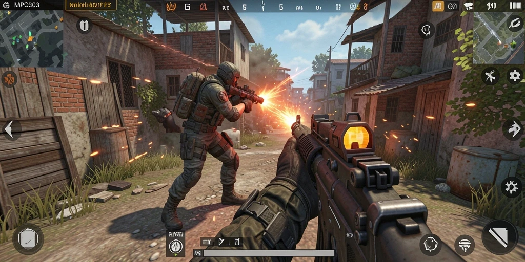 Screenshot utama MPO303 menampilkan pertarungan intens antar pemain dalam game FPS yang seru.