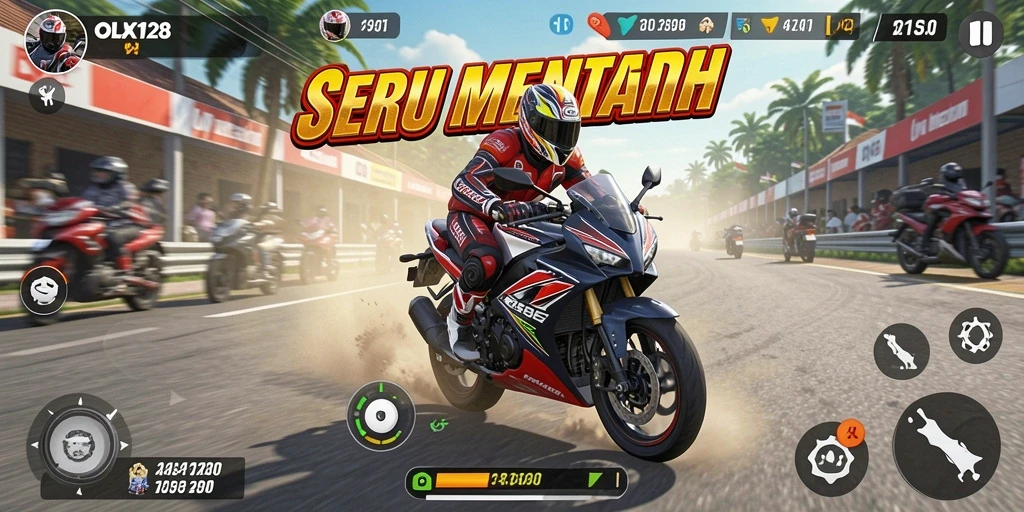 Screenshot dari gameplay OLX128 yang menampilkan aksi balap motor yang intens.