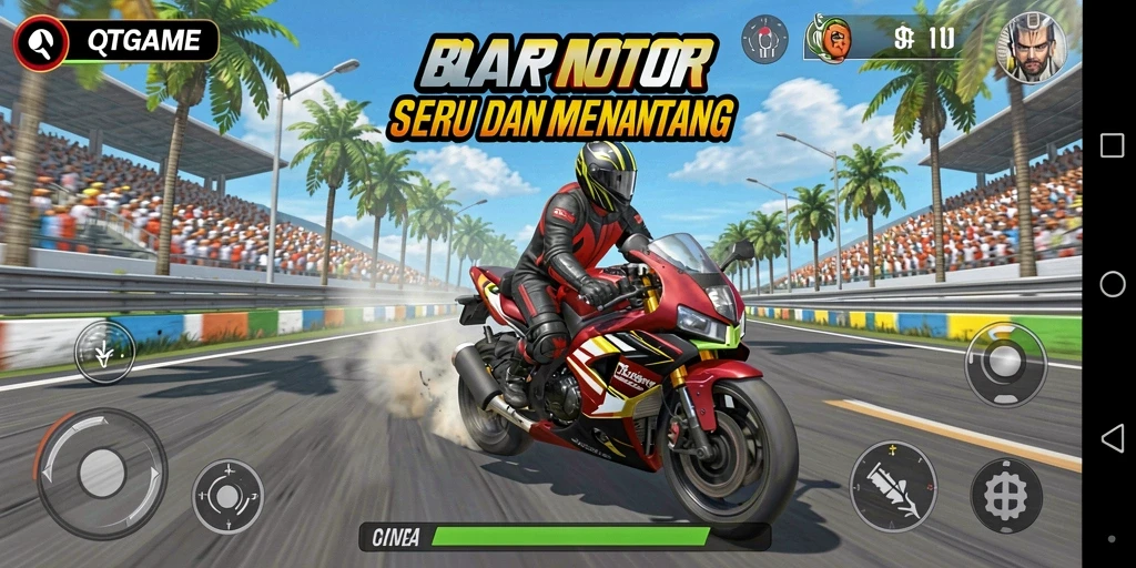 Tangkapan layar QTGAME menunjukkan aksi balap motor yang mendebarkan.