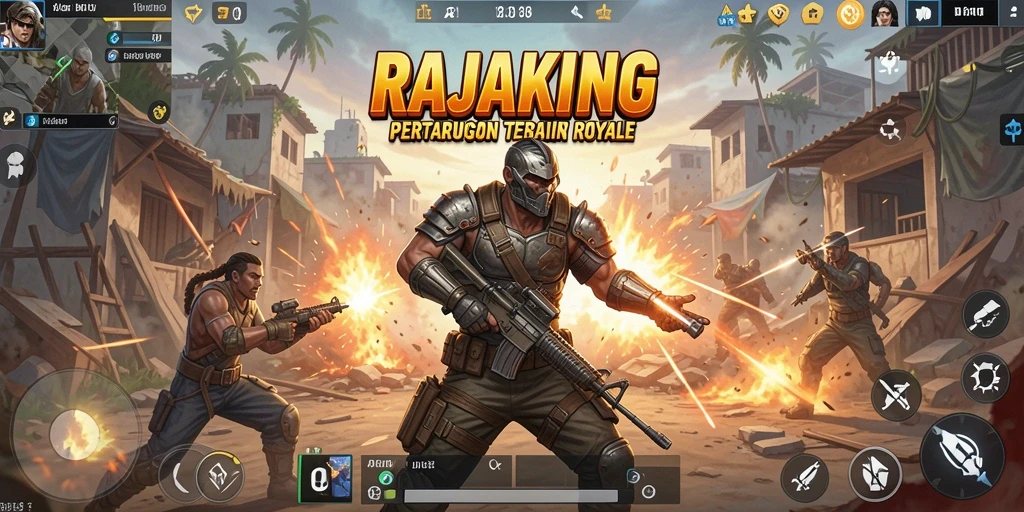 Tangkapan layar utama RAJAKING menampilkan aksi pertarungan seru dalam game Battle Royale.