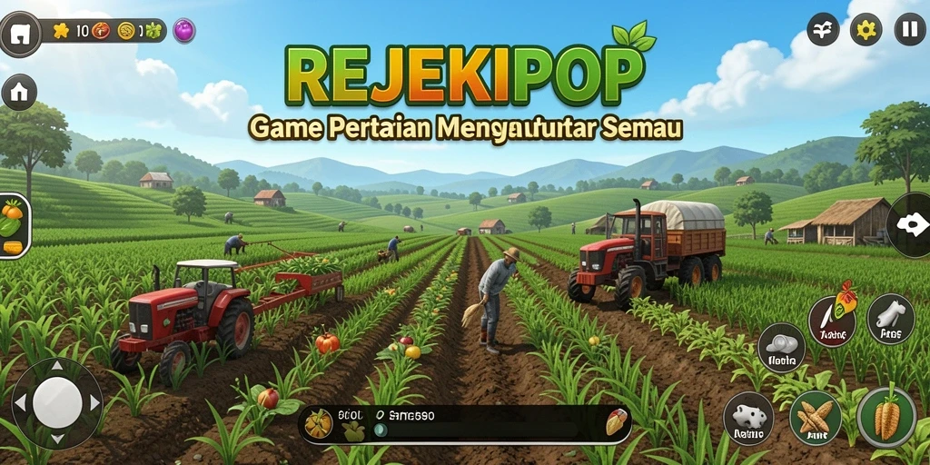 Tampilan gameplay seru dalam REJEKIPOP dengan aktivitas bertani.