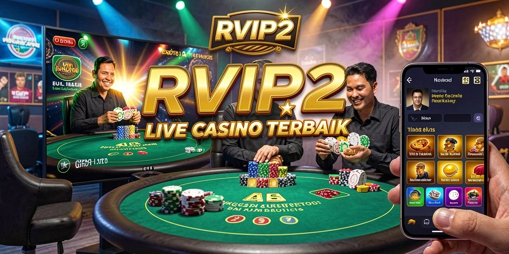 Screenshot gameplay RVIP2 yang menampilkan dealer langsung dan suasana kasino.