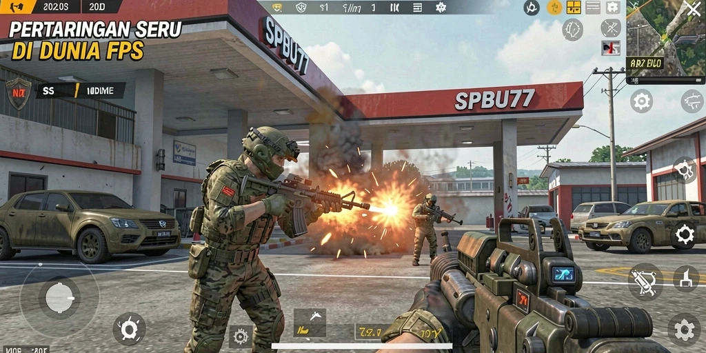Tangkapan layar gameplay SPBU77 dengan aksi tembak-tembakan intens.